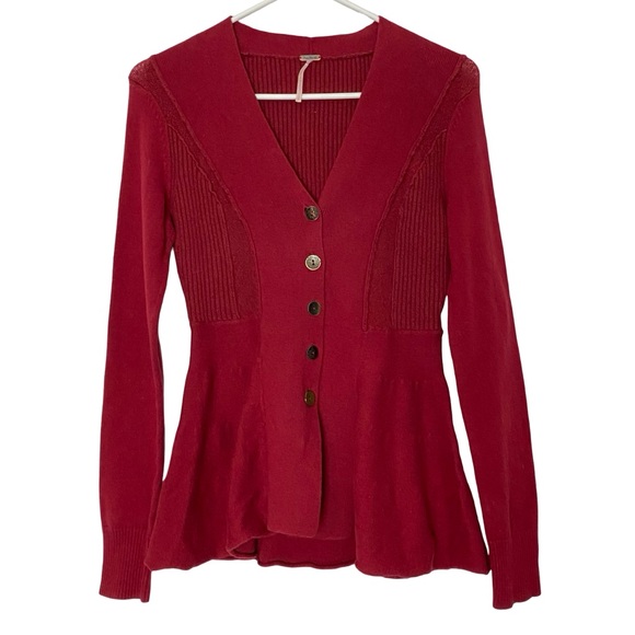 Free People Sweaters - Free People Peplum Cardigan Sweater Womens Size Small Red V Neck Button Down